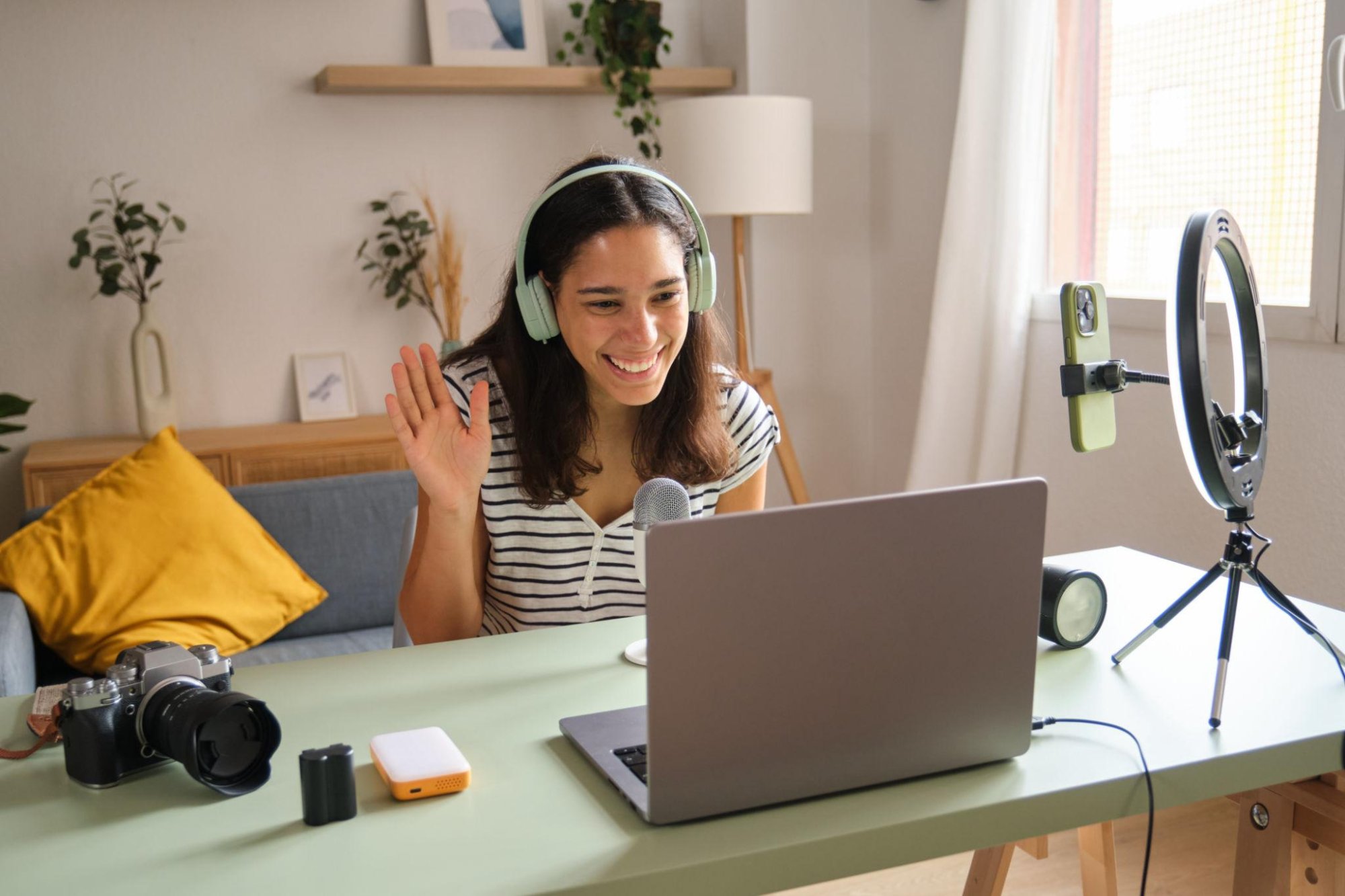 Content creator with ring light setup
